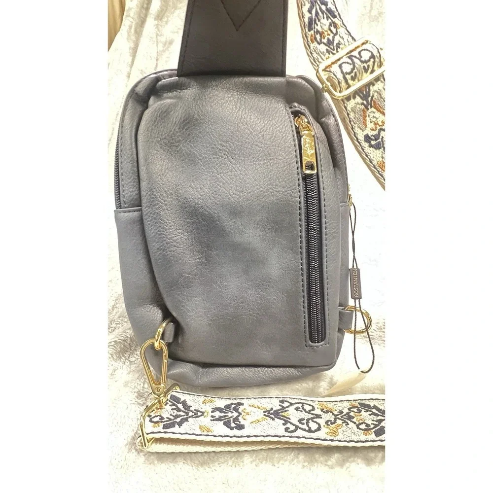 Bostanten Navy Quilted Sling‎ Crossbody with Embroidered Guitar Strap Boho